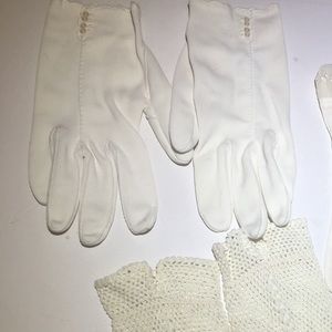 Vintage two white beaded, mesh & Ruffle gloves